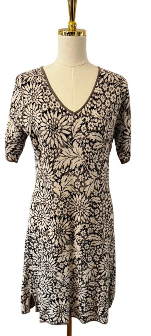 Peruvian Connection Floral Pima Cotton Knit Dress Medium Black Ivory Boho Fairy